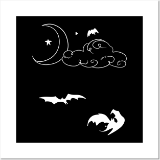 Crescent Moon Stars Clouds and Bats - White Posters and Art